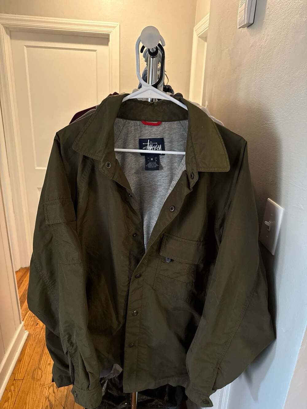 Stussy Olive Green Nylon Coach Jacket with Sleeve Pocket, Size M